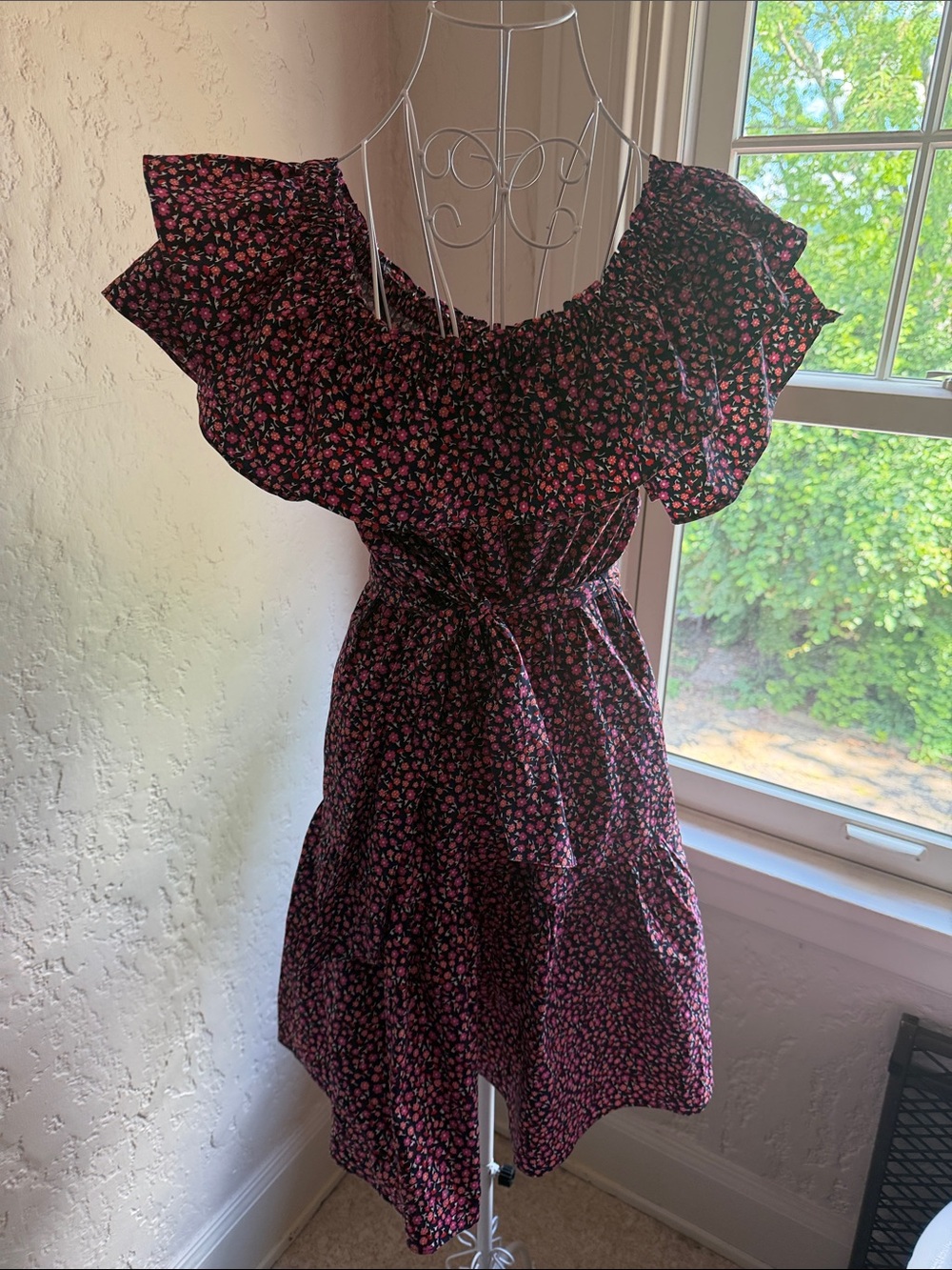 Draper James Black Dress with Pink Floral Ruffle Neckline